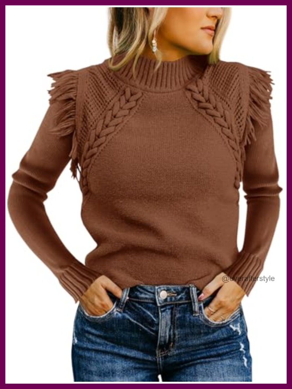 Cable Knit Mock Neck Fringe Sweater Fitted Long Sleeve Boho Pullover
